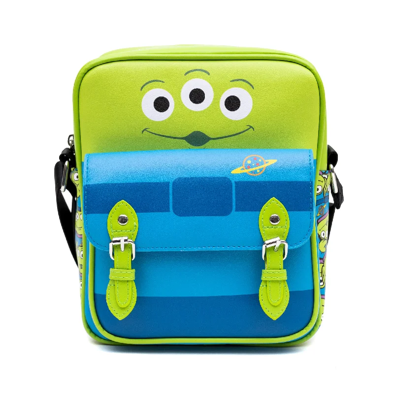 Hot Items Crossbody Bag with Two-Pockets and Slip Pocket - Toy Story Alien Bodice and Stacked Aliens Green/Blue
