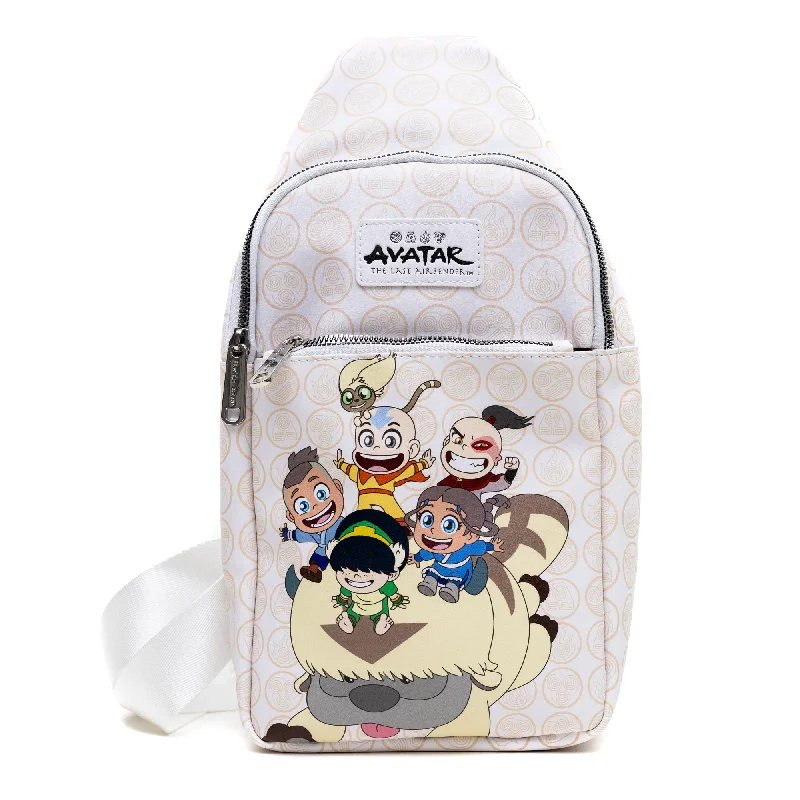 Ends Soon Crossbody Sling Bag - Large - Avatar Last Airbender Chibi Character Group Pose on Appa White