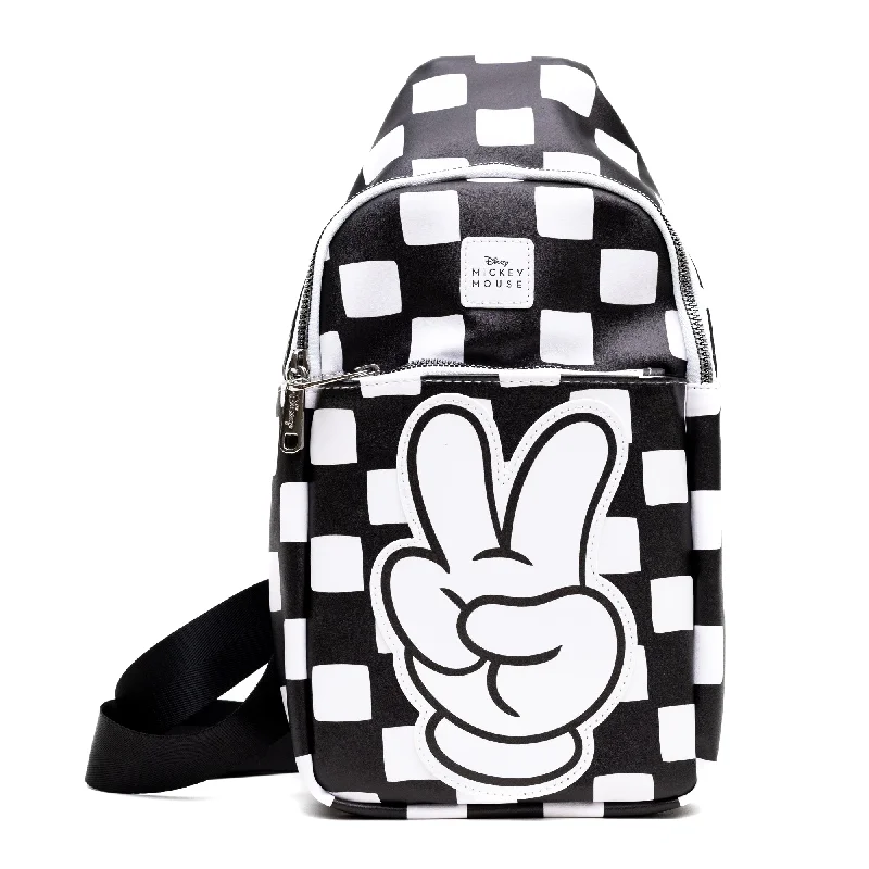 Playful Fashion Offers Crossbody Sling Bag - Large - Disney Mickey Mouse Peace Fingers Checker Black/White