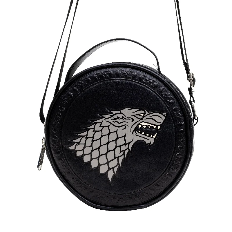 Bag Deals Round Crossbody Bag - Game of Thrones House of Stark Sigil Debossed with Filigree Edge Embossed Black