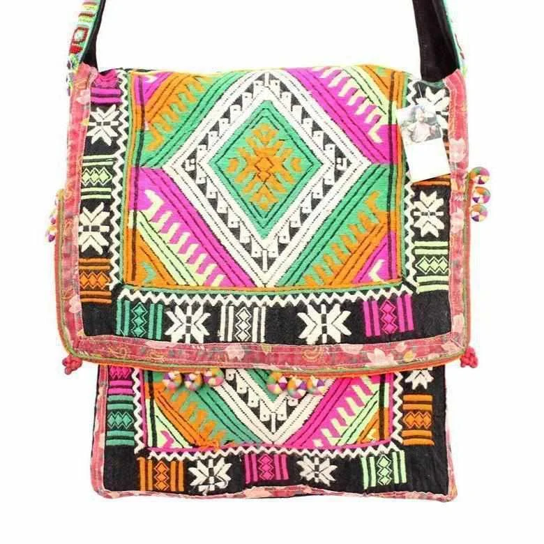 Trendy Festival Bags With Limited-Time Offers Akha Geometric Messenger Embroidered Textile Tote - Thailand
