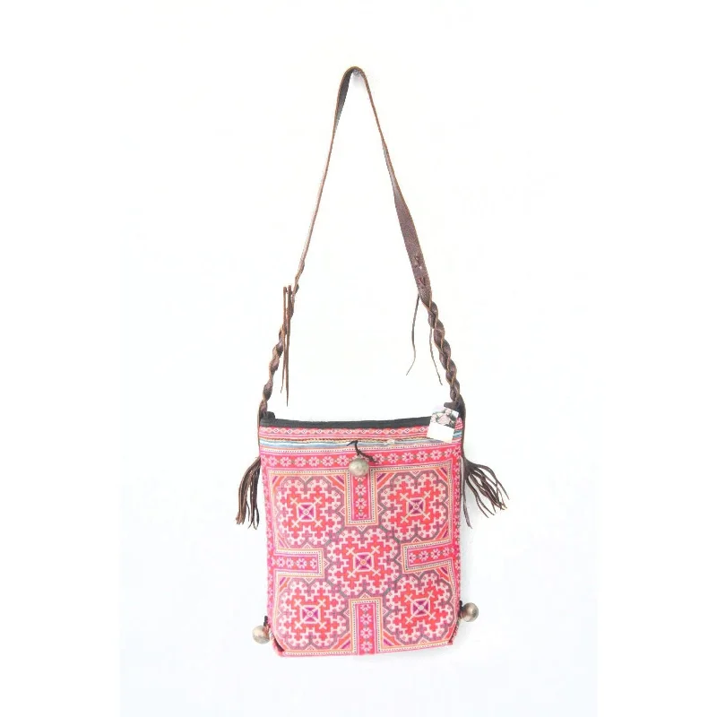 Daring Fashion Promotions Eliza Hmong Embroidered Vintage Tote with Leather Strap Pink - Thailand