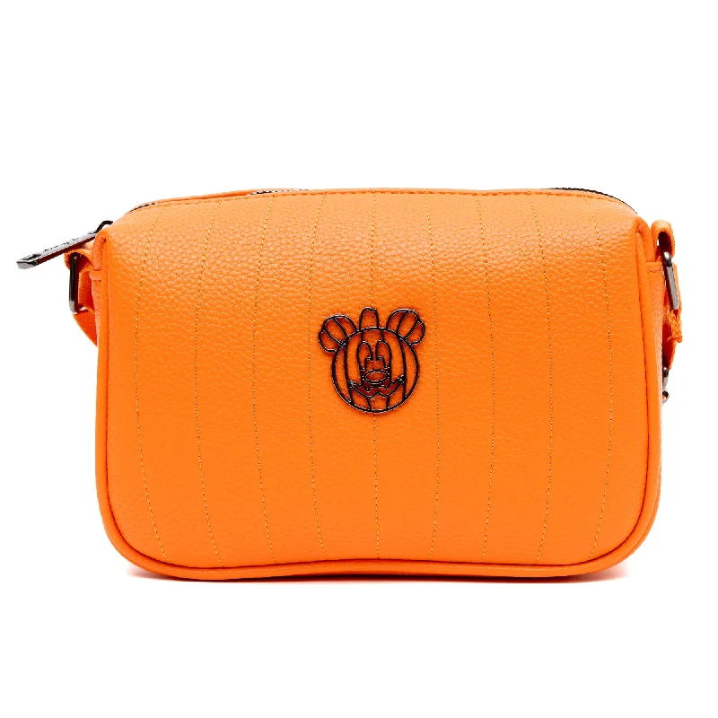 Premium Style Offers Horizontal Crossbody Wallet - Disney Mickey Mouse Halloween Jack-O-Lantern Metal Emblem and Debossed Orange