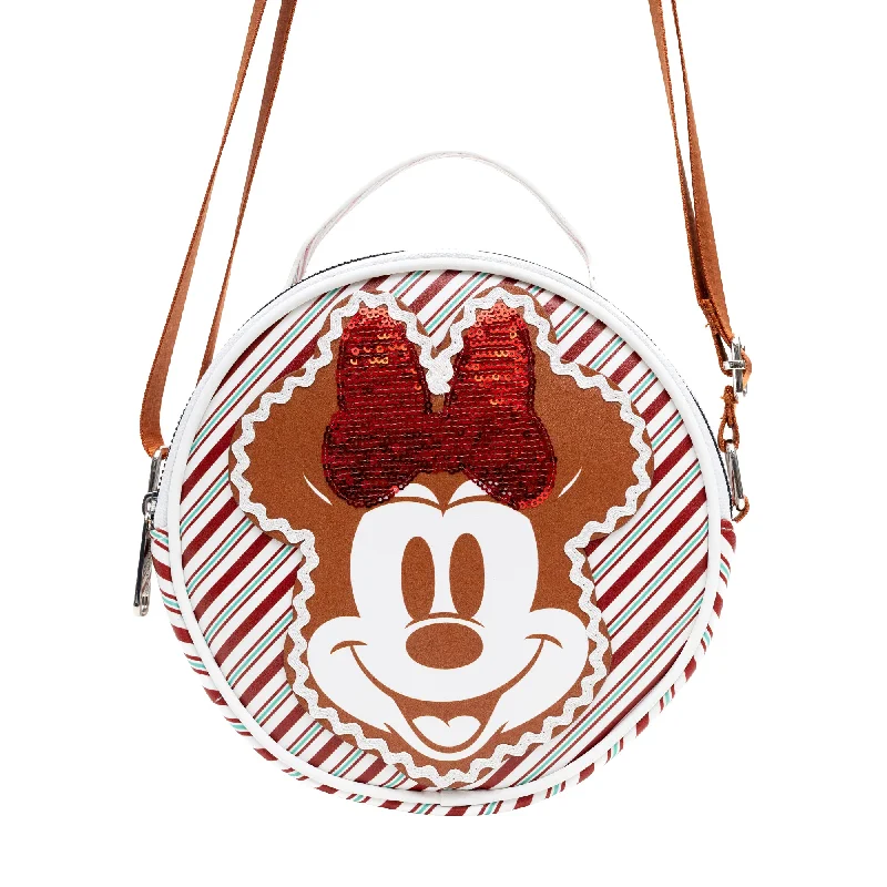 Senior Travelers Round Crossbody Bag - Minnie Mouse Holiday Gingerbread Smile with Sequin Bow Stripe White/Red/Green