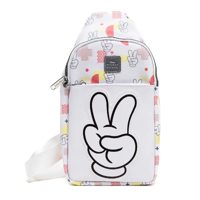 Sleek Style Discounts Crossbody Sling Bag - Large - Disney Mickey Mouse Peace Fingers and Icons Collage White