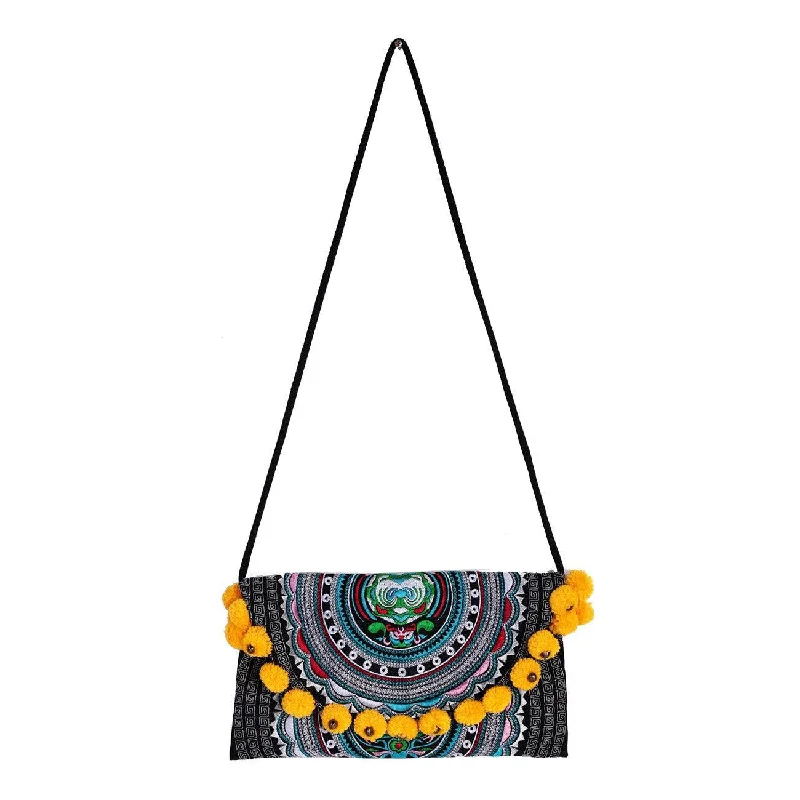 Limited Time Special Offer Crossbody Tribal Embroidered Pompom Artisan Made Bag - Thailand