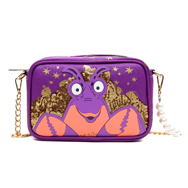 Retro Style Promotions Horizontal Crossbody Bag - Moana Tamatoa Character Close-Up Pose Applique Purple/Gold