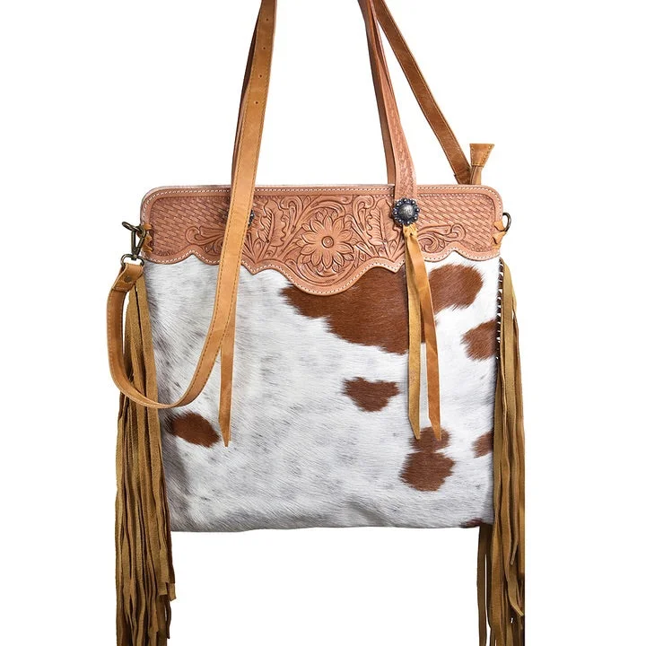 Bags For Personalized Gifts Tan and White Hair-On Purse with Fringe