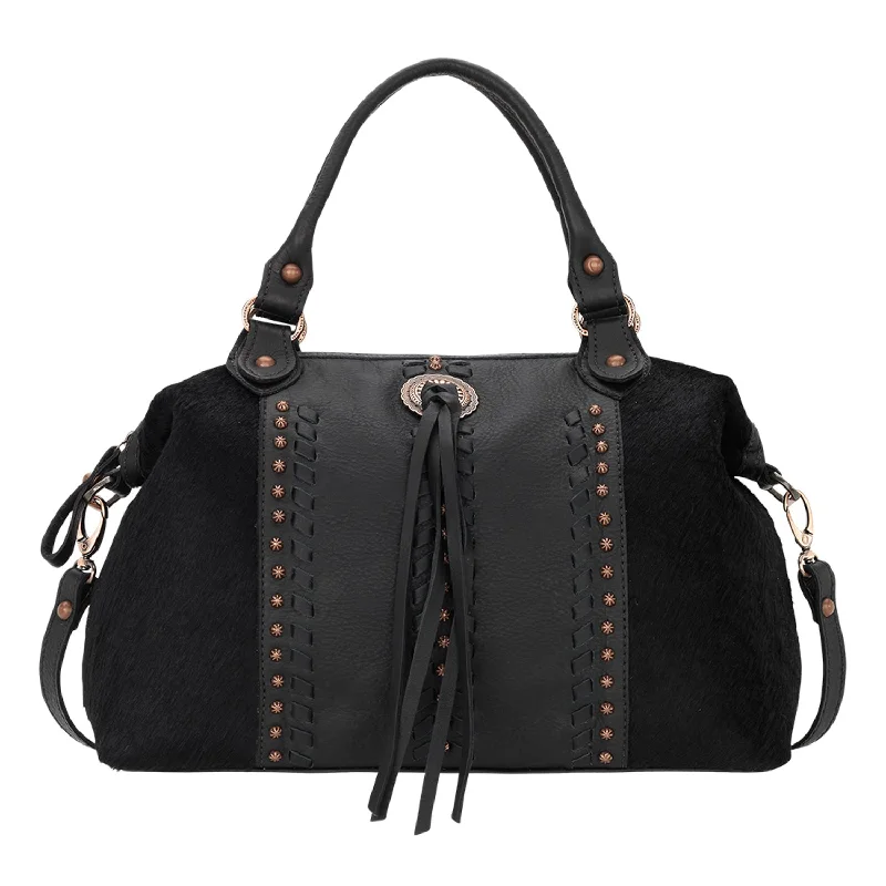 Spacious And Discounted Bags American West Womens Cow Town Black Hair-On Leather Satchel Bag Spacious And Discounted Bags American West Womens Cow Town Black Hair-On Leather Satchel Bag