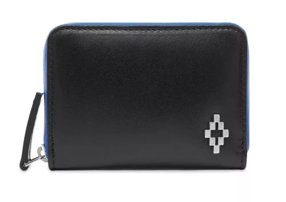 Trendy Threads Marcelo Burlon Sleek Black Leather Card Holder with Blue Accents
