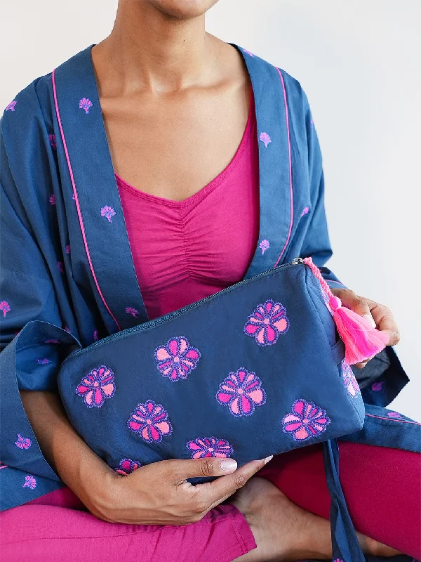 Bags For Personalized Gifts Wash Bag Funky Flower Embroidery on Navy
