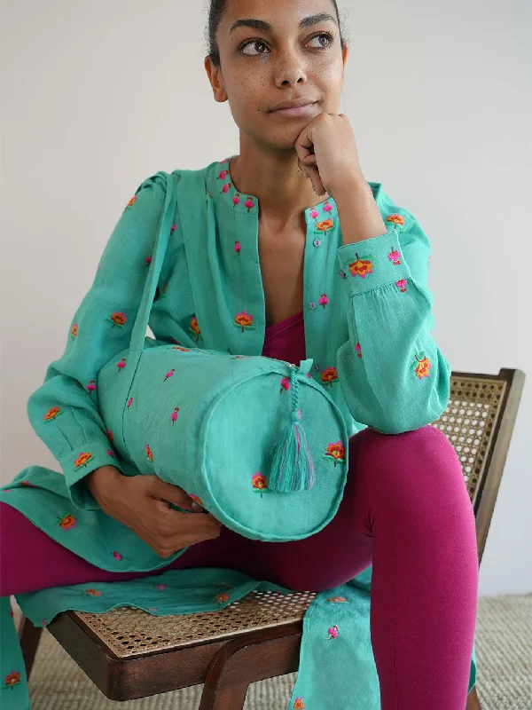 Urban Style Promotions Yoga Mat Bag Lotus Flower Embroidery on Green