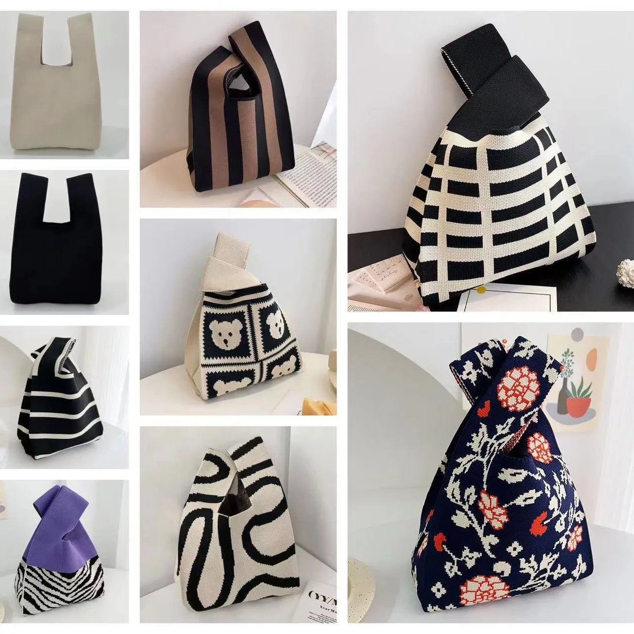 Lightweight And Functional Bags For Travel And Work Womens Knot Wrist Bag Handmade Knitted Bag Portable Mini Striped Tote Bucket Phone Bags Large Capacity Autumn Winter Handbags