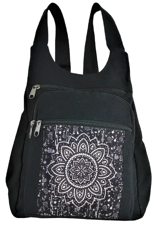 Versatile Bags That Suit Any Outfit Or Event Black Cotton Backpack with White Mandala
