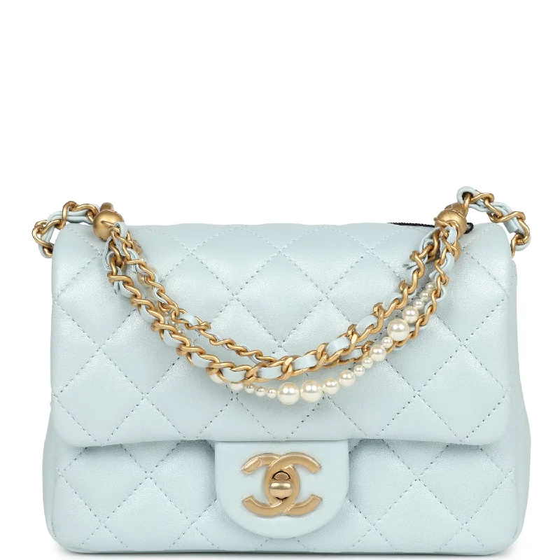 Eco-Friendly Bags With Discounts Chanel Mini Square Pearl Flap Bag Light Blue Iridescent Lambskin Brushed Gold Hardware Eco-Friendly Bags With Discounts Chanel Mini Square Pearl Flap Bag Light Blue Iridescent Lambskin Brushed Gold Hardware