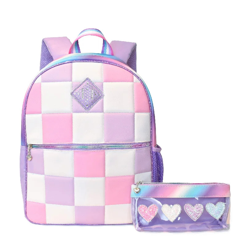 Glamorous Bags For Evening Events And Parties Checkerboard Large Backpack with Hearts Clear Pencil Pouch
