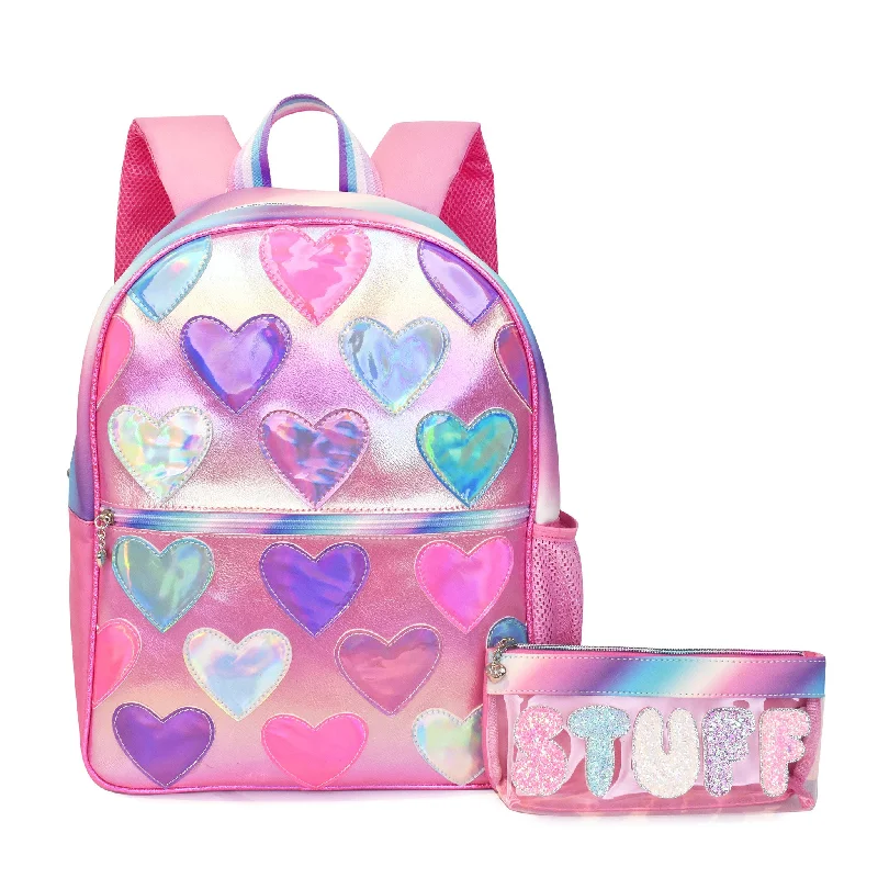 Compact Bags For Minimalist Travelers Metallic Heart-Patched Large Backpack with 'Stuff' Clear Pencil Pouch