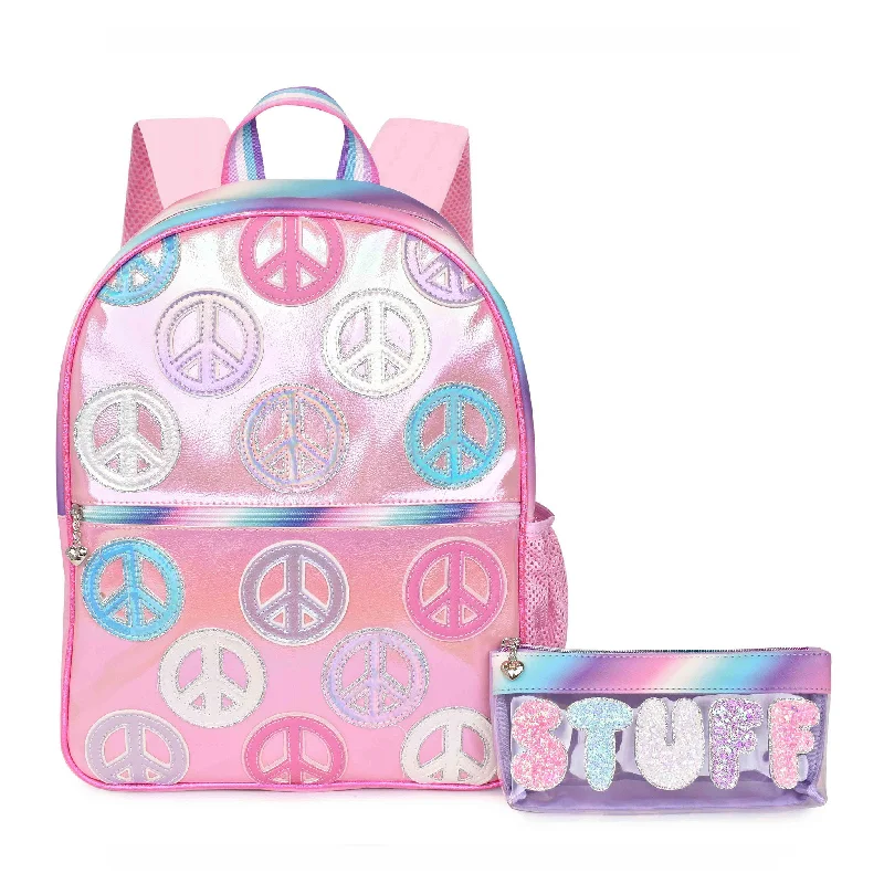 Bags For Urban And Trendy Looks Metallic Peace Sign-Patched Large Backpack with 'Stuff' Clear Pencil Pouch