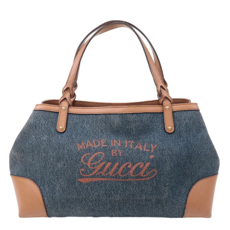 New Year Party Bag For Celebrations GUCCI Craft Denim Leather Tote Bag Hand Bag Navy Brown 348715