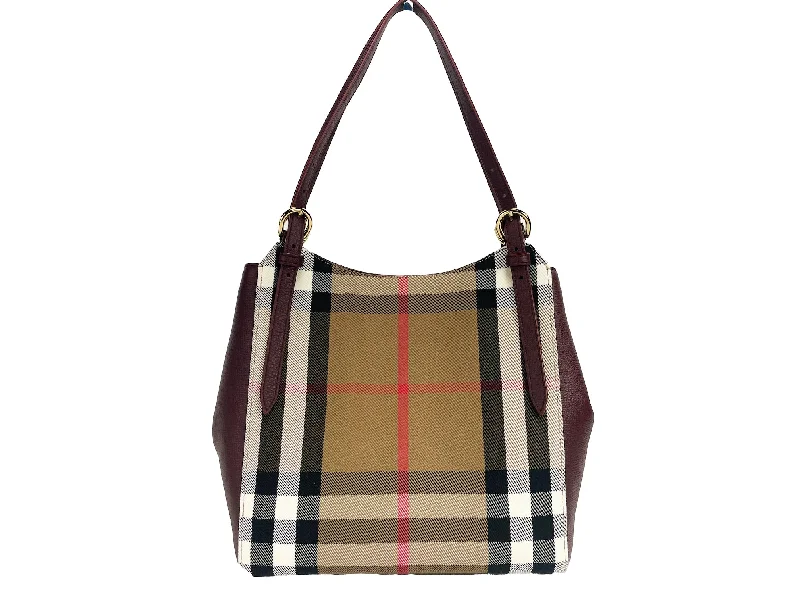 Bags With Seasonal Sales Burberry Small Canterby Mahogany Leather Check Canvas Tote BagPurse