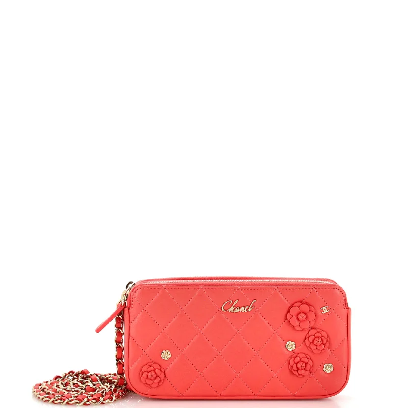 Bags With Seasonal Sales Camellia Charms Double Zip Clutch with Chain Quilted Lambskin