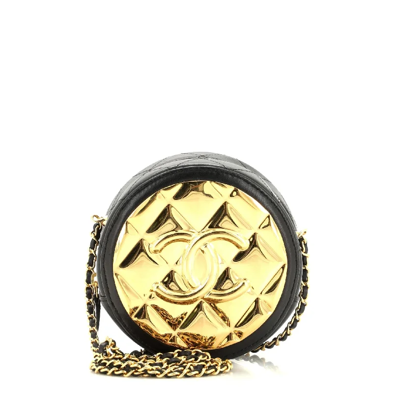 Clearance Bags For Budget Shoppers Golden Plate Round Clutch with Chain Quilted Metal and Lambskin Mini