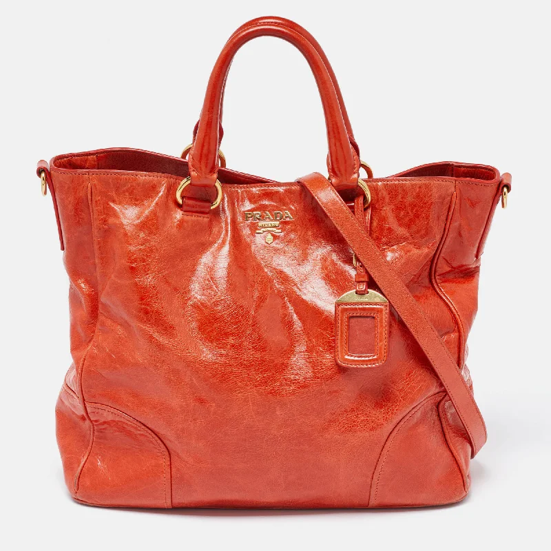 Festive Holiday Gift Bags Prada Orange Vitello Shine Leather Snap Tote
