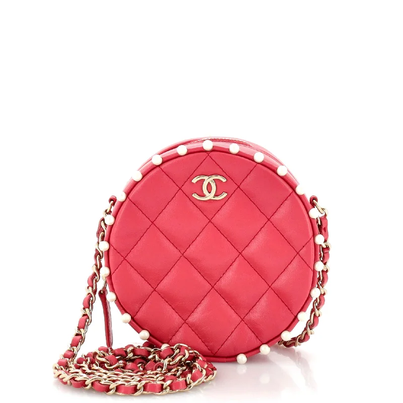 Discounted Designer Bags For Clearance Sale Round Clutch with Chain Quilted Calfskin with Pearl Detail
