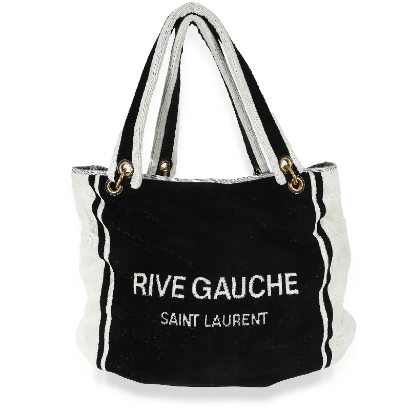 Luxury Bags On Sale Saint Laurent Rive Gauche Black White Terry Cloth Beach Towel Tote