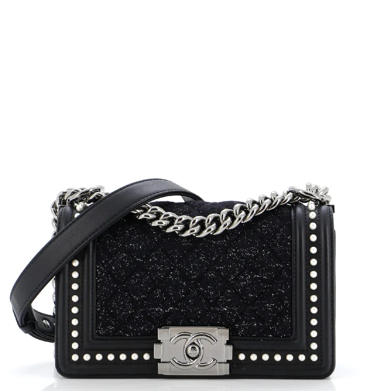 Luxury Bags On Sale Boy Flap Bag Quilted Tweed with Pearl Embellished Calfskin Small