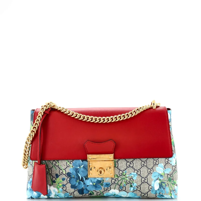 Holiday Gift Bags For Christmas Padlock Chain Flap Bag Blooms Print GG Coated Canvas and Leather Medium